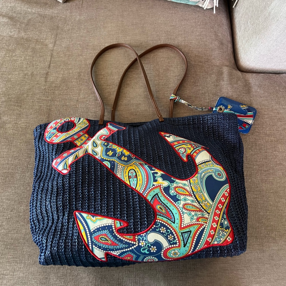 Vera Bradley Navy Blue Straw Cotton Anchor Tote Bag